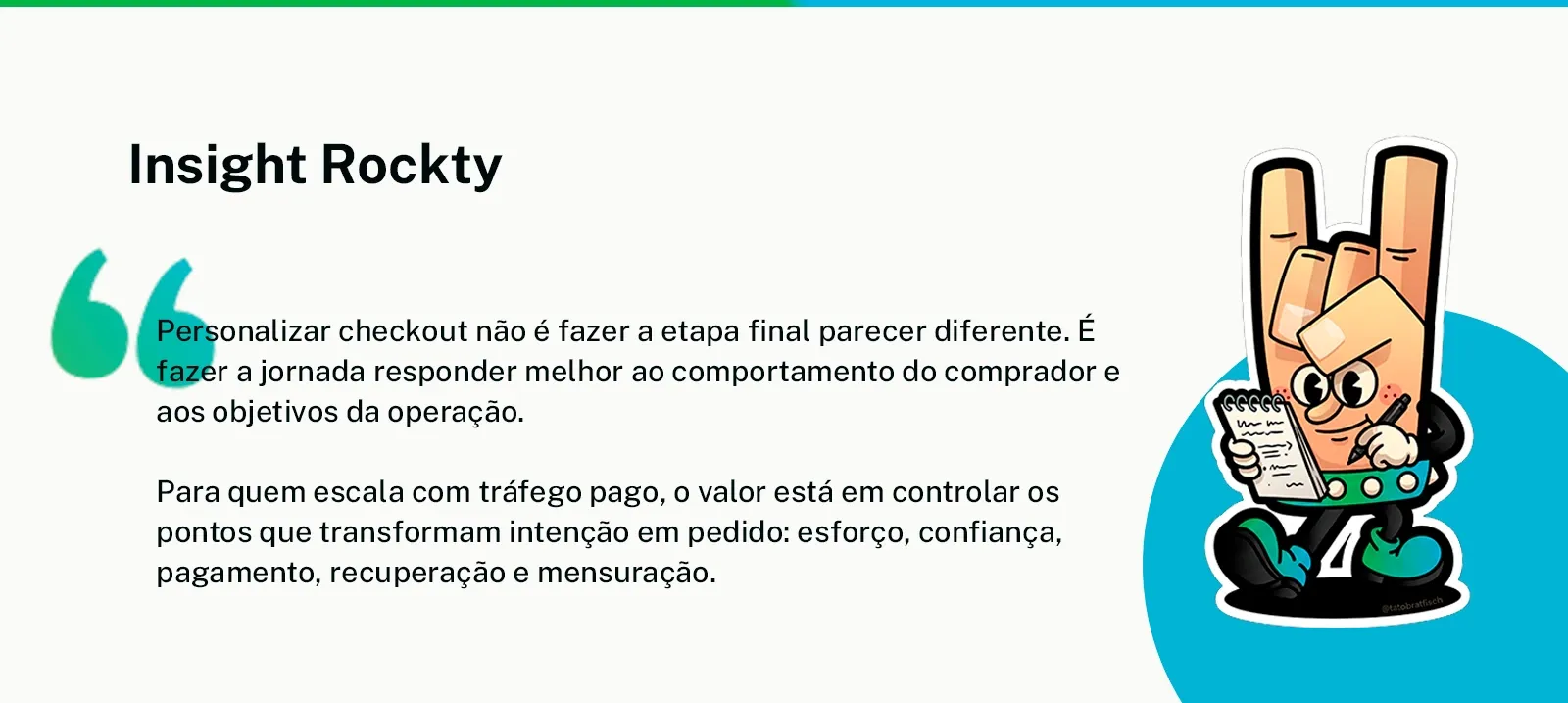 Citação sobre personalização de checkout e comportamento do comprador, com mascote Rockty