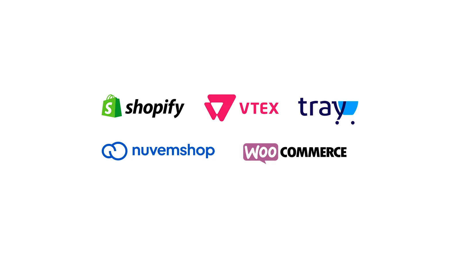 Logos das plataformas de e-commerce Shopify, VTEX, Tray, Nuvemshop e WooCommerce